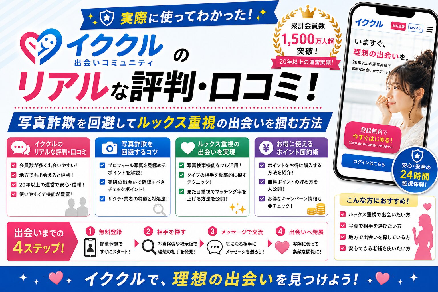 【2026年最新】イククルのリアルな評判・口コミ!累計1,500万人超の老舗で写真詐欺を回避してルックス重視の出会いを掴む方法