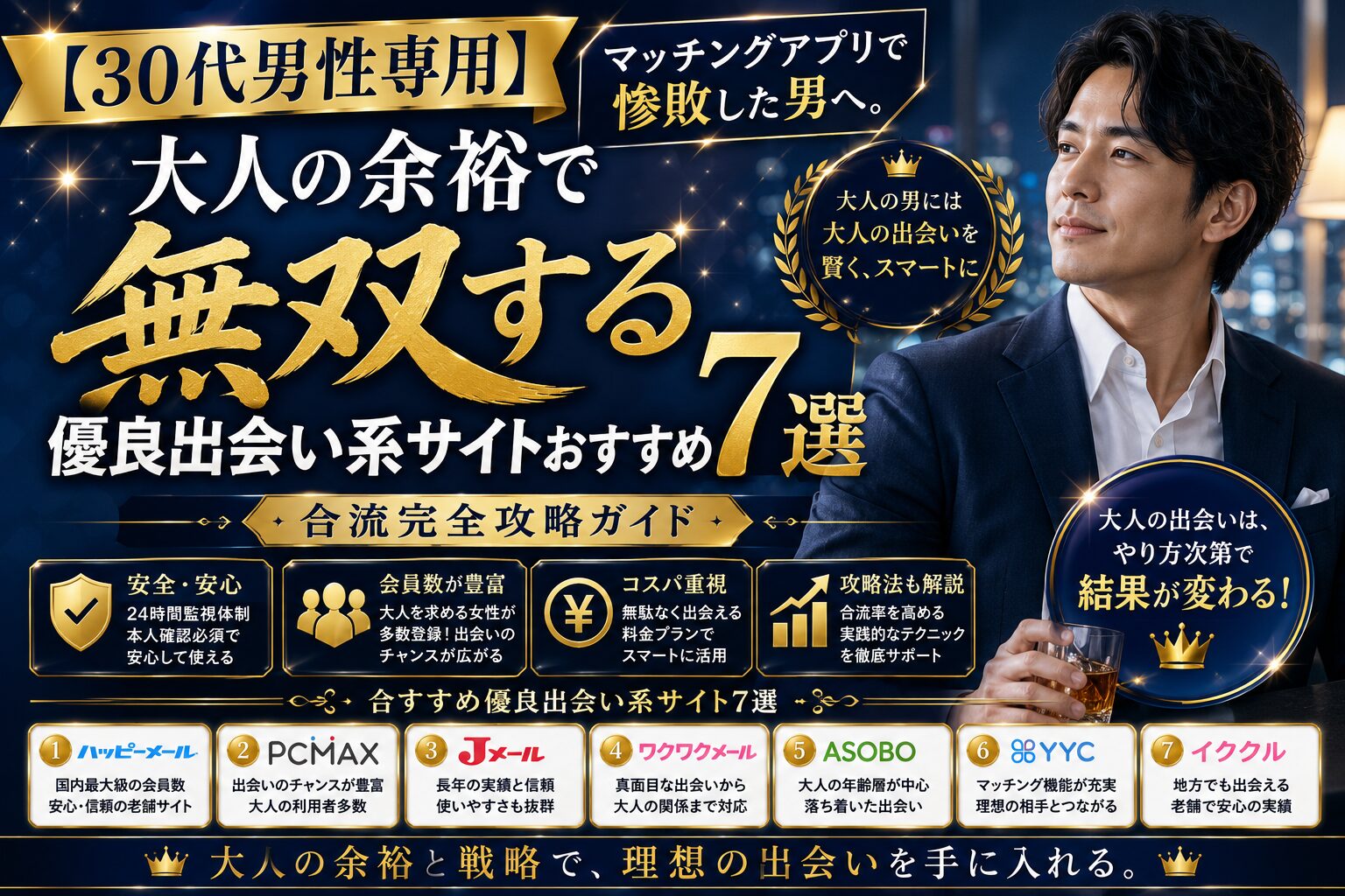 【30代男性専用】マッチングアプリで惨敗した男へ。大人の余裕で無双する優良出会い系サイトおすすめ7選＆合流完全攻略ガイド【2026年最新】