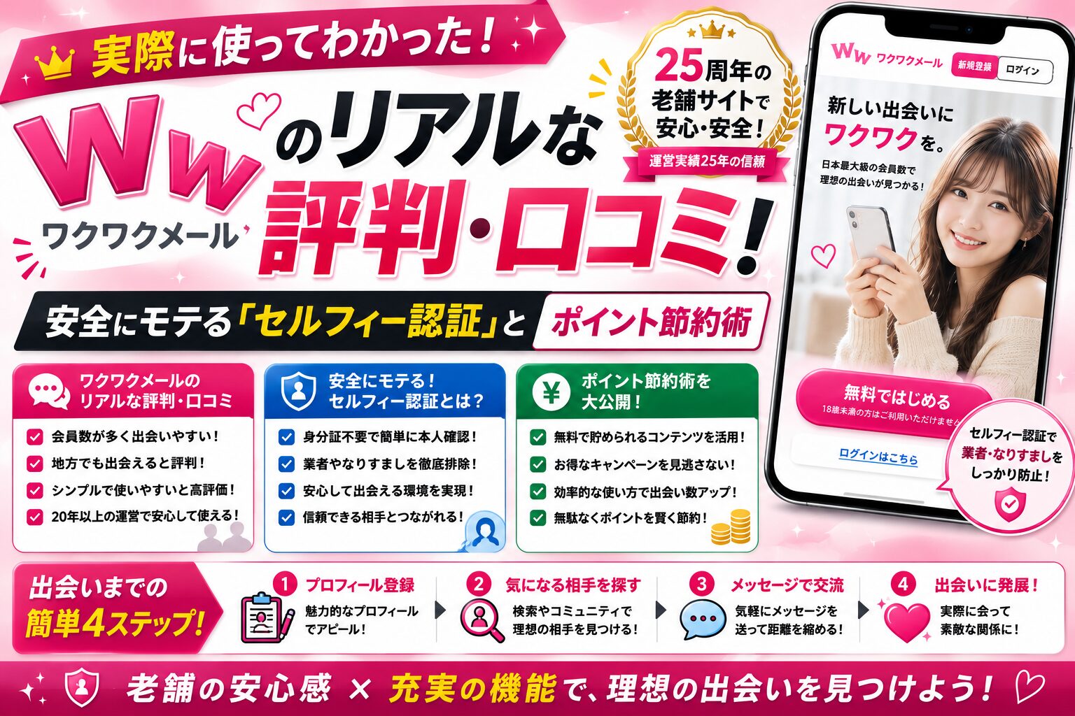 【2026年最新】ワクワクメールのリアルな評判・口コミ!25周年の老舗で安全にモテる「セルフィー認証」とポイント節約術