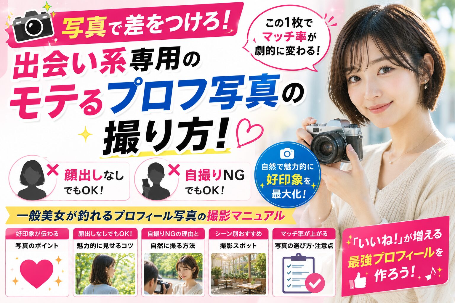 【写真で差をつけろ】出会い系専用のモテるプロフ写真の撮り方!顔出しなし・自撮りNGでも一般美女が釣れる撮影マニュアル