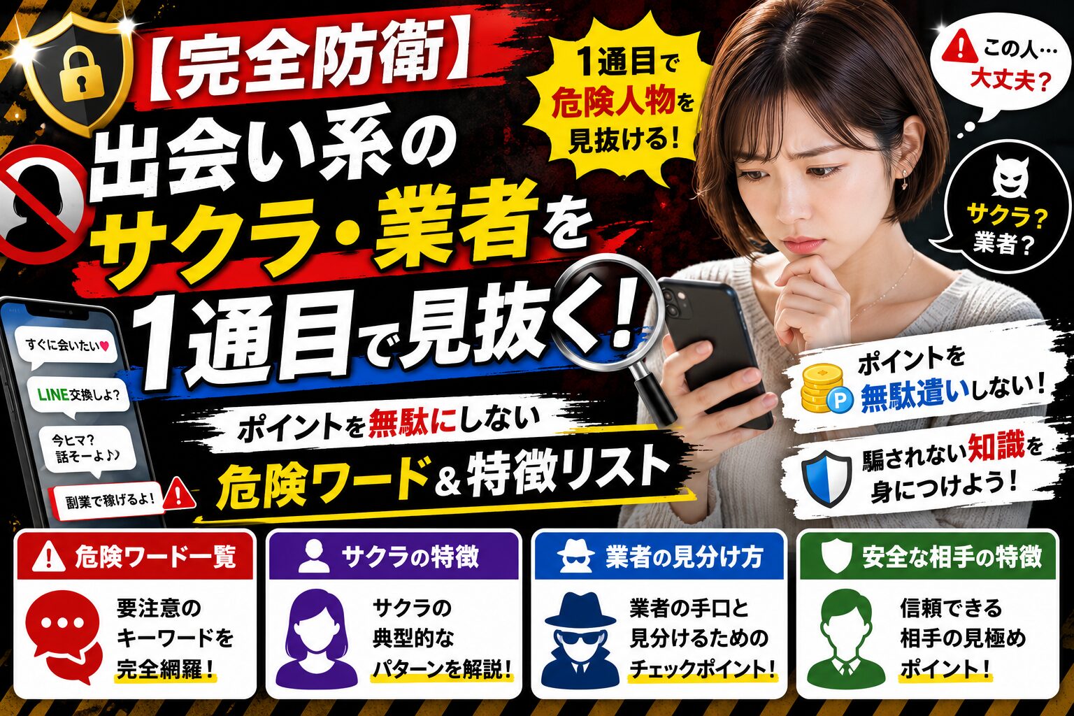 【完全防衛】出会い系のサクラ・業者を1通目で見抜く!ポイントを無駄にしないための危険ワード&特徴リスト
