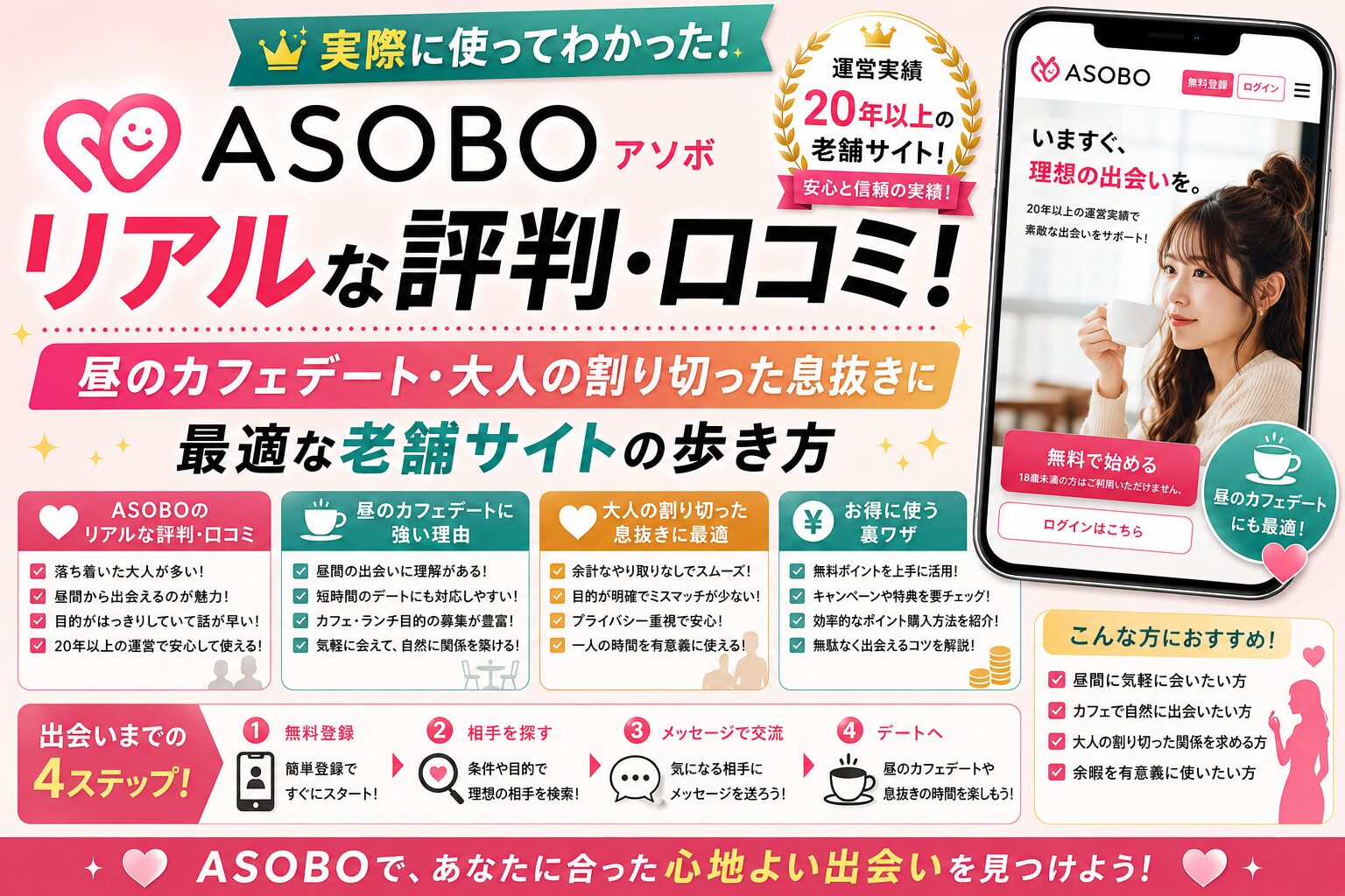 【2026年最新】ASOBO(アソボ)のリアルな評判・口コミ!昼のカフェデート・大人の割り切った息抜きに最適な老舗サイトの歩き方