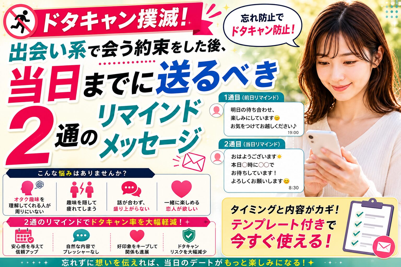 【ドタキャン撲滅】出会い系で会う約束をした後、当日までに送るべき2通のリマインドメッセージ