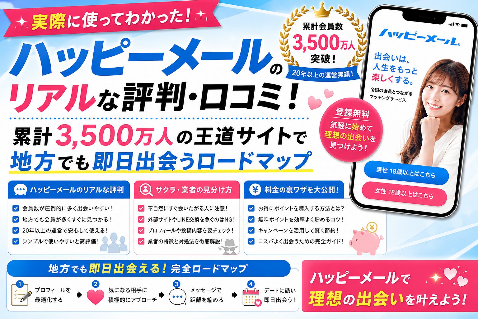 【2026年最新】ハッピーメールのリアルな評判・口コミ!累計3,500万人の王道サイトで地方でも即日出会うロードマップ