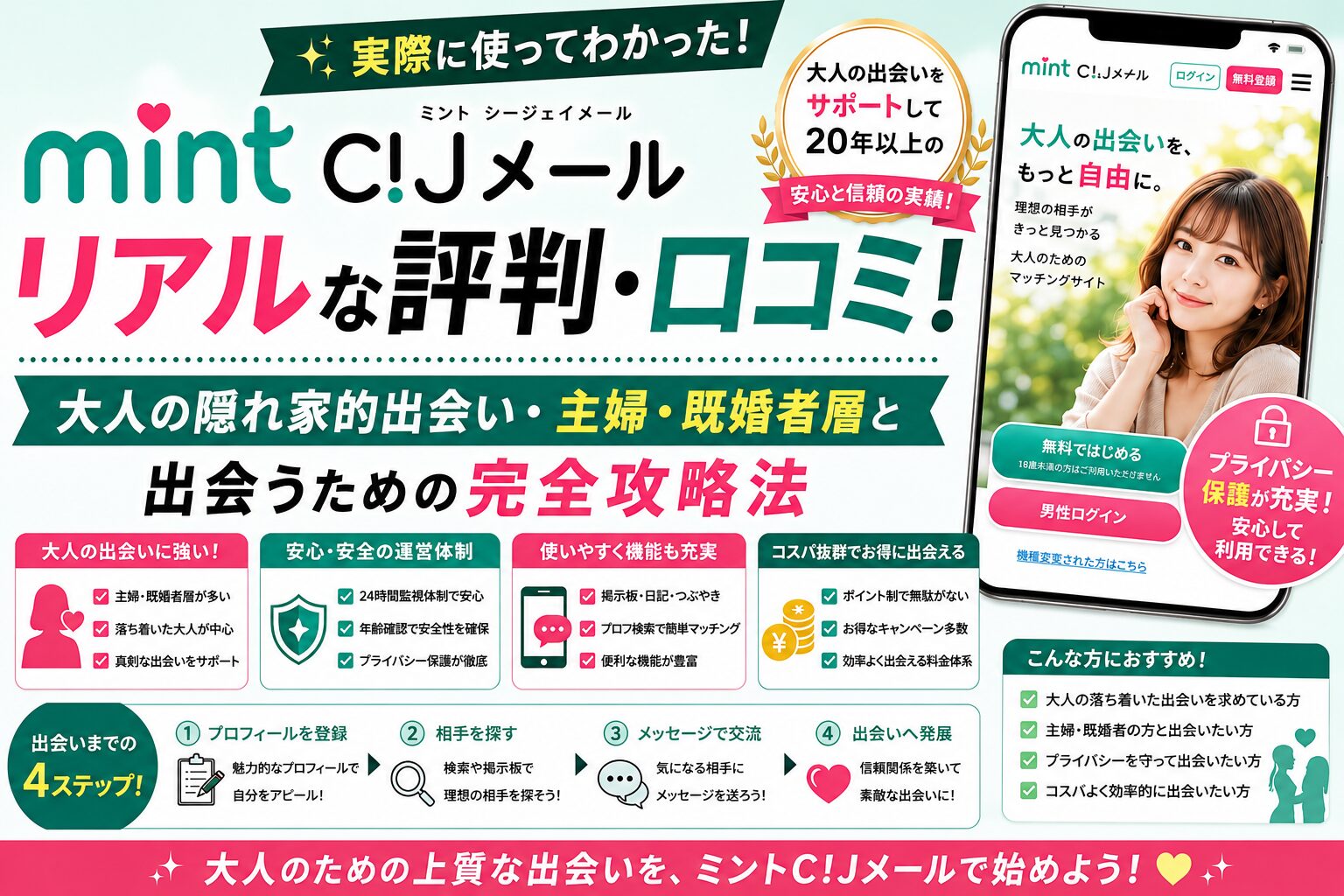 【2026年最新】ミントC!Jメールのリアルな評判・口コミ!大人の隠れ家的出会い・主婦・既婚者層と出会うための完全攻略法