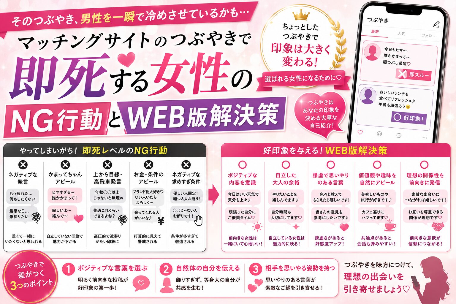 マッチングサイトのつぶやきで即死する女性のNG行動とWEB版解決策