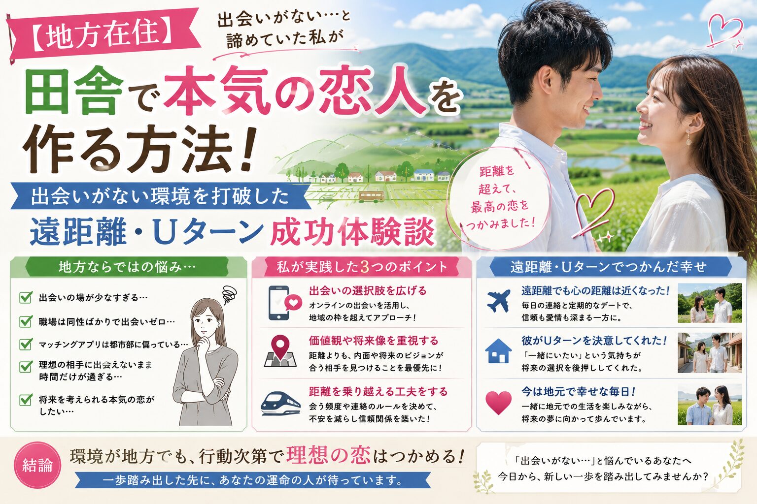 【地方在住】田舎で本気の恋人を作る方法!出会いがない環境を打破した遠距離・Uターン成功体験談