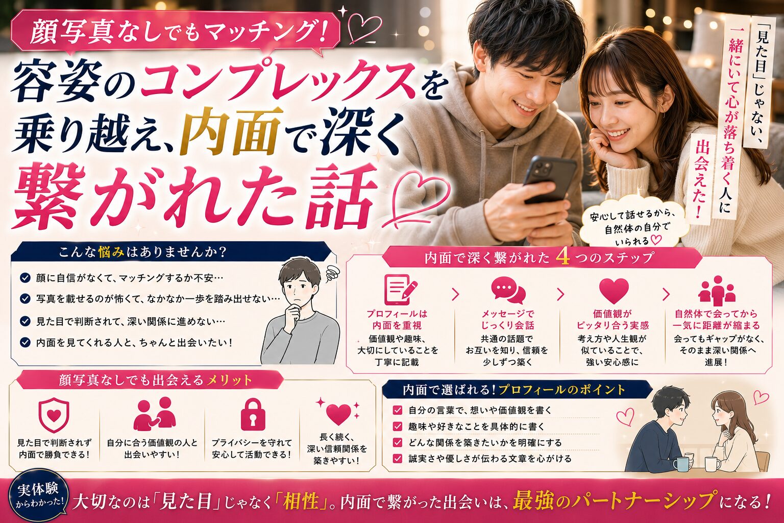 顔写真なしでもマッチング!容姿のコンプレックスを乗り越え内面で深く繋がれた話