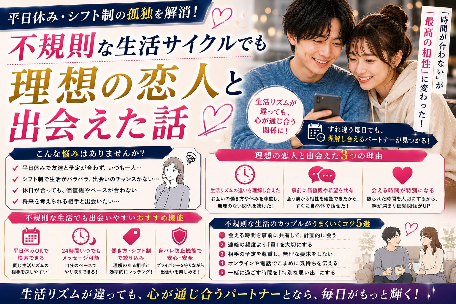 平日休み・シフト制の孤独を解消！不規則な生活サイクルでも理想の恋人と出会えた話