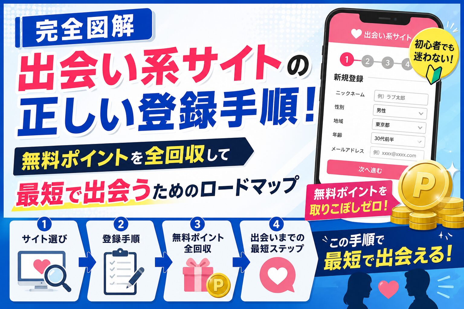 【完全図解】出会い系サイトの正しい登録手順!無料ポイントを全回収して最短で出会うためのロードマップ